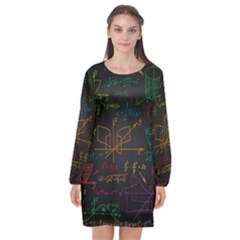 Mathematical Colorful Formulas Drawn By Hand Black Chalkboard Long Sleeve Chiffon Shift Dress  by Vaneshart