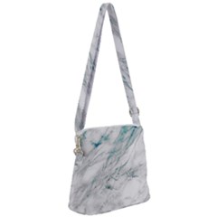 Gray Faux Marble Blue Accent Zipper Messenger Bag by Dushan