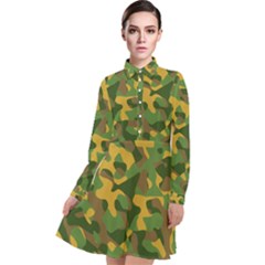 Yellow Green Brown Camouflage Long Sleeve Chiffon Shirt Dress by SpinnyChairDesigns