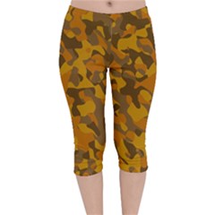Brown And Orange Camouflage Velvet Capri Leggings  by SpinnyChairDesigns