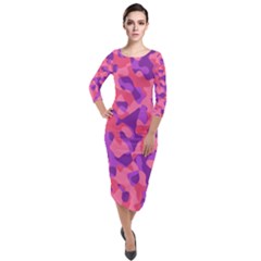 Pink And Purple Camouflage Quarter Sleeve Midi Velour Bodycon Dress by SpinnyChairDesigns