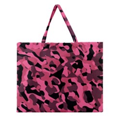 Black And Pink Camouflage Pattern Zipper Large Tote Bag by SpinnyChairDesigns