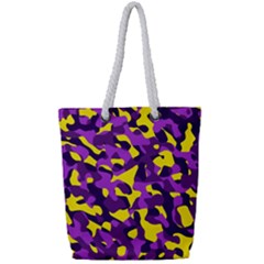 Purple And Yellow Camouflage Pattern Full Print Rope Handle Tote (small) by SpinnyChairDesigns