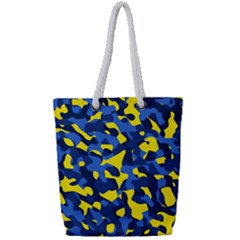 Blue And Yellow Camouflage Pattern Full Print Rope Handle Tote (small) by SpinnyChairDesigns
