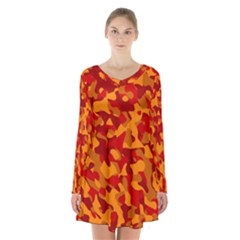 Red And Orange Camouflage Pattern Long Sleeve Velvet V-neck Dress by SpinnyChairDesigns
