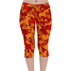 Red And Orange Camouflage Pattern Velvet Capri Leggings  by SpinnyChairDesigns