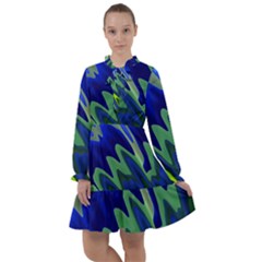 Blue Green Zig Zag Waves Pattern All Frills Chiffon Dress by SpinnyChairDesigns