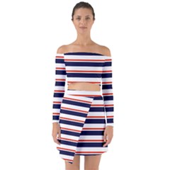 Red With Blue Stripes Off Shoulder Top With Skirt Set by tmsartbazaar
