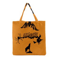 Happy Halloween Scary Funny Spooky Logo Witch On Broom Broomstick Spider Wolf Bat Black 8888 Black A Grocery Tote Bag by HalloweenParty