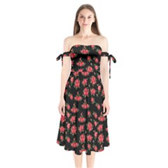 Red Roses Shoulder Tie Bardot Midi Dress by designsbymallika