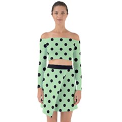 Large Black Polka Dots On Pale Green - Off Shoulder Top With Skirt Set by FashionLane