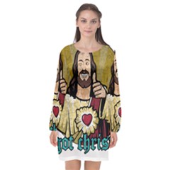 Buddy Christ Long Sleeve Chiffon Shift Dress  by Valentinaart