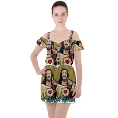 Buddy Christ Ruffle Cut Out Chiffon Playsuit by Valentinaart