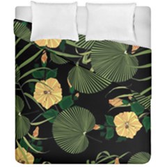 Tropical Vintage Yellow Hibiscus Floral Green Leaves Seamless Pattern Black Background  Duvet Cover Double Side (california King Size) by Sobalvarro