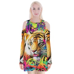 Tiger In The Jungle Velvet Long Sleeve Shoulder Cutout Dress by icarusismartdesigns
