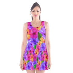 Watercolor Flowers  Multi-colored Bright Flowers Scoop Neck Skater Dress by SychEva
