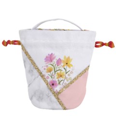 Minimal Peach Gold Floral Marble A Drawstring Bucket Bag by gloriasanchez