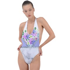 Minimal Purble Floral Marble A Backless Halter One Piece Swimsuit by gloriasanchez