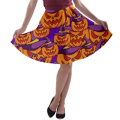 Purple And Orange Pumpkins, Crazy Halloween Pattern, Jack O  Lantern A-line Skater Skirt by Casemiro