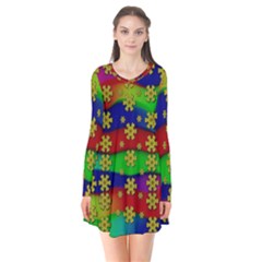 Blooming Stars On The Rainbow So Rare Long Sleeve V-neck Flare Dress by pepitasart