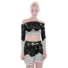 Black And White Waves And Stars Abstract Backdrop Clipart Off Shoulder Top With Mini Skirt Set by Amaryn4rt