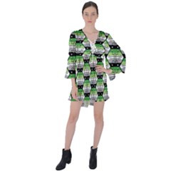 Hackers Town Void Mantis Hexagon Aromantic Pride Flag V-neck Flare Sleeve Mini Dress by WetdryvacsLair