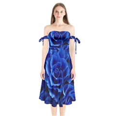 Blue Roses Flowers Plant Romance Shoulder Tie Bardot Midi Dress by Wegoenart