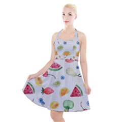 Fruit Summer Vitamin Watercolor Halter Party Swing Dress  by Wegoenart