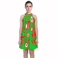 Red-green Velvet Halter Neckline Dress  by nateshop