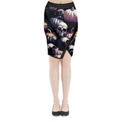 Halloween Party Skulls, Demonic Pumpkins Pattern Midi Wrap Pencil Skirt by Casemiro