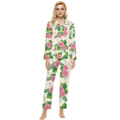 Cute-pink-flowers-with-leaves-pattern Womens  Long Sleeve Velvet Pocket Pajamas Set by Pakemis