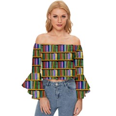Books On A Shelf Off Shoulder Flutter Bell Sleeve Top by TetiBright