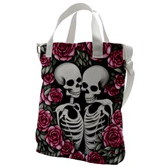 Black And White Rose Sugar Skull Canvas Messenger Bag by GardenOfOphir