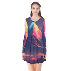Mountain Sky Color Colorful Night Long Sleeve V-neck Flare Dress by Ravend