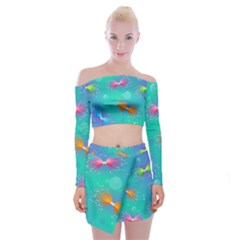 Non Seamless Pattern Blues Bright Off Shoulder Top With Mini Skirt Set by Ravend