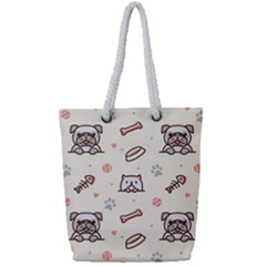 Pug Dog Cat With Bone Fish Bones Paw Prints Ball Seamless Pattern Vector Background Full Print Rope Handle Tote (small) by Salman4z