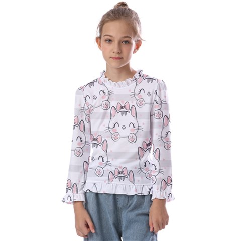 Cat-with-bow-pattern Kids  Frill Detail Tee by Salman4z