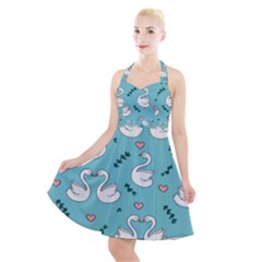 Elegant Swan Pattern Design Halter Party Swing Dress  by pakminggu