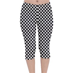 Black And White Checkerboard Background Board Checker Velvet Capri Leggings  by Cowasu