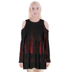 Scary Dark Forest Red And Black Velvet Long Sleeve Shoulder Cutout Dress by Ravend