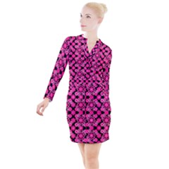 Bitesize Flowers Pearls And Donuts Fuchsia Black Button Long Sleeve Dress by Mazipoodles