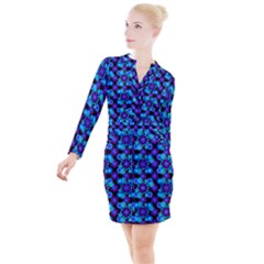 Bitesize Flowers Pearls And Donuts Purple Blue Black Button Long Sleeve Dress by Mazipoodles