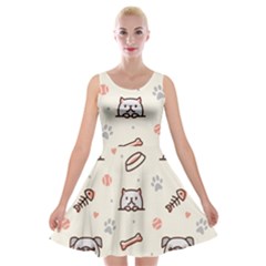 Pug-dog-cat-with-bone-fish-bones-paw-prints-ball-seamless-pattern-vector-background Velvet Skater Dress by Simbadda
