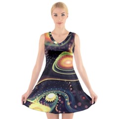 Psychedelic Trippy Abstract 3d Digital Art V-neck Sleeveless Dress by Bedest