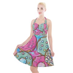 Donut Pattern Texture Colorful Sweet Halter Party Swing Dress  by Grandong