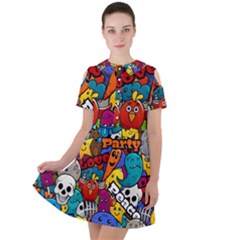 Graffiti Characters Seamless Pattern Short Sleeve Shoulder Cut Out Dress  by Bedest