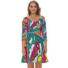 Comic Colorful Seamless Pattern Shoulder Cut Out Zip Up Dress by Bedest