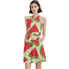 Cute Watermelon Seamless Pattern Cocktail Party Halter Sleeveless Dress With Pockets by Pakjumat