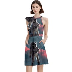 Astronaut Moon Space Nasa Planet Cocktail Party Halter Sleeveless Dress With Pockets by Maspions