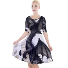 Cute Black Baby Dragon Flowers Painting (2) Quarter Sleeve A-line Dress by 1xmerch